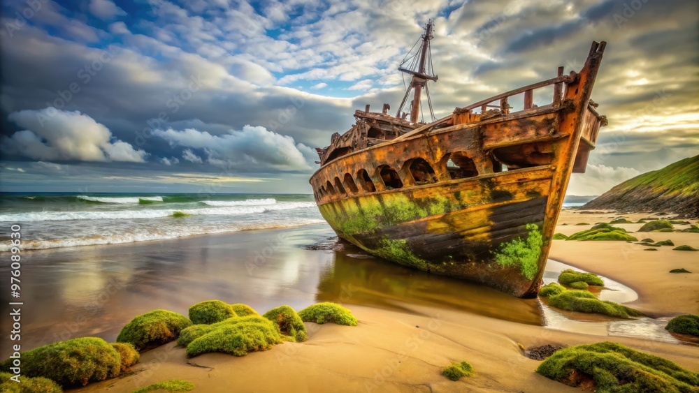 Rusty shipwreck on sandy beach with moss-covered rocks Rusty shipwreck on sandy beach with moss-covered rocks
