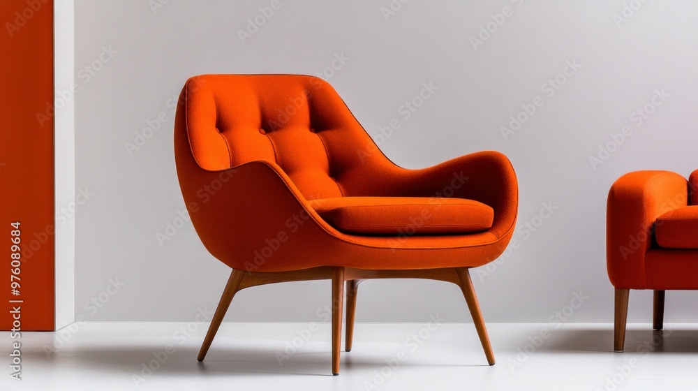 Mid-Century Modern Lounge Chair with Iconic Curves in Orange Fabric. Generative ai Mid-Century Modern Lounge Chair with Iconic Curves in Orange Fabric. Generative ai