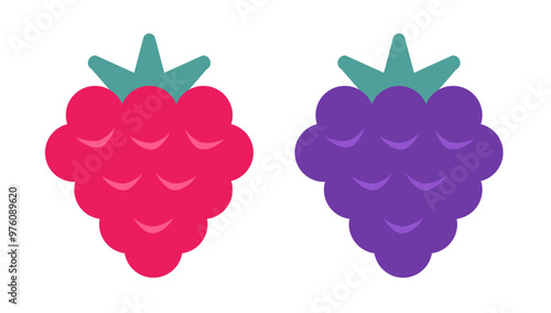 Vector set icons of geometric berries in flat style. Vector strawberry and blackberry.