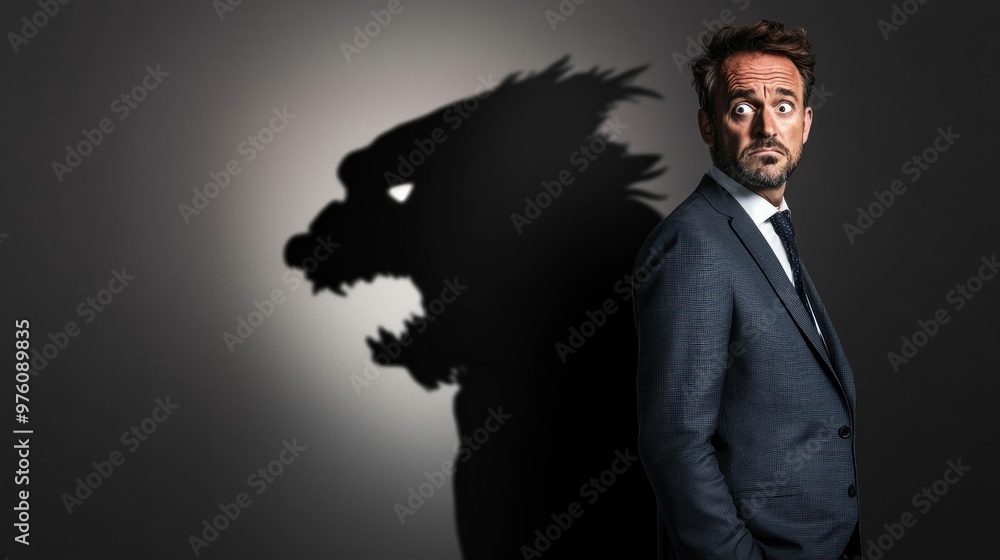 Businessman Standing in Front of a Menacing Monster Shadow. Generative ai Businessman Standing in Front of a Menacing Monster Shadow. Generative ai