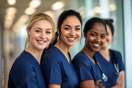 Group of female doctors and nurses smiling together in hospital