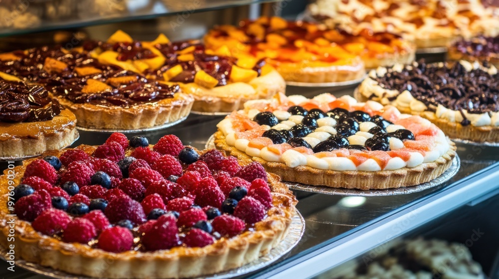 A vibrant selection of fruit tarts sits enticingly behind a glass display in a bakery A vibrant selection of fruit tarts sits enticingly behind a glass display in a bakery