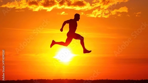 A lone figure sprints energetically against a breathtaking sunset, with warm colors illuminating the sky and reflecting on the landscape during dusk