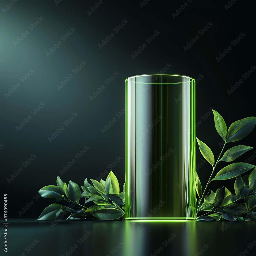 A sleek, transparent glass cylinder surrounded by lush green leaves, set against a dark background, evoking freshness and elegance. A sleek, transparent glass cylinder surrounded by lush green leaves, set against a dark background, evoking freshness and elegance.