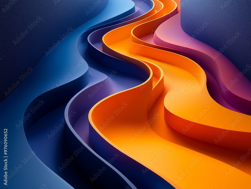A modern abstract artwork featuring layered curved ribbons in blue and orange, creating a vibrant, dynamic design with a sense of motion and depth suitable for contemporary decor. A modern abstract artwork featuring layered curved ribbons in blue and orange, creating a vibrant, dynamic design with a sense of motion and depth suitable for contemporary decor.