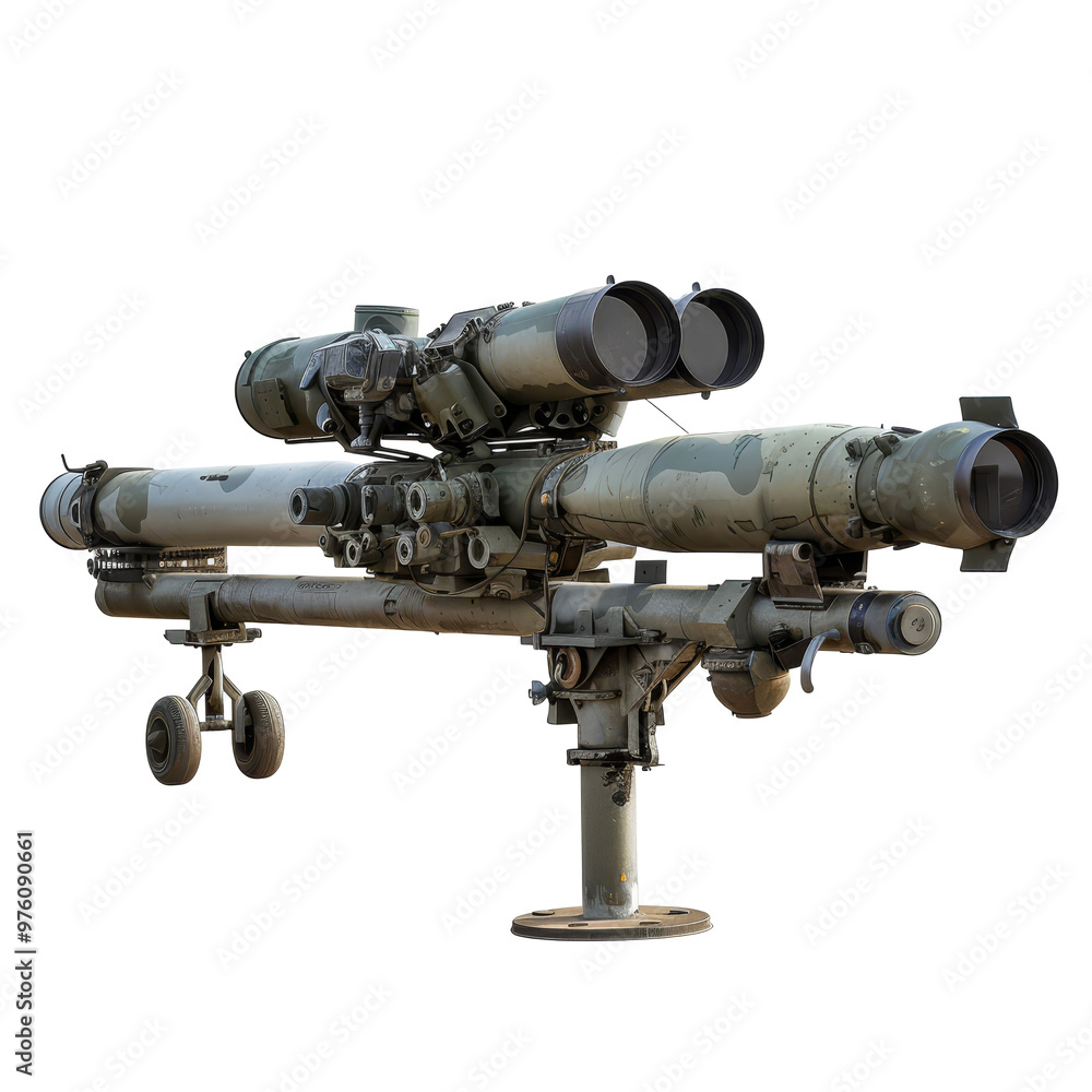 Military missile launcher on a stand during daylight with visible long-range targeting equipment and dual launch tubes Military missile launcher on a stand during daylight with visible long-range targeting equipment and dual launch tubes