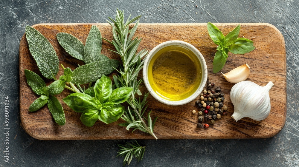 Obraz premium Fresh Herbs Garlic Olive Oil and Peppercorns on Cutting Board