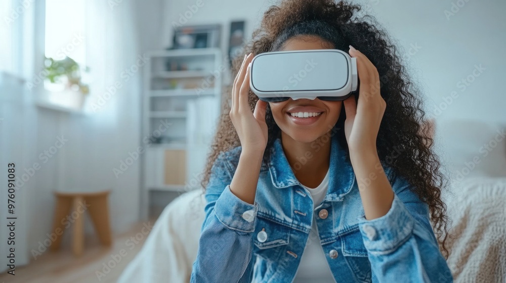 In a bright and stylish living room, a young woman with curly hair smiles broadly as she wears a virtual reality headset, fully immersed in an engaging digital experience In a bright and stylish living room, a young woman with curly hair smiles broadly as she wears a virtual reality headset, fully immersed in an engaging digital experience