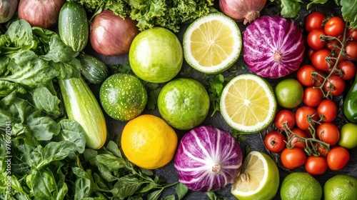 A vibrant collection of fresh vegetables and fruits is displayed on a wooden surface, showcasing rich greens, bright reds, and citrus yellows, perfect for cooking or healthy eating photo