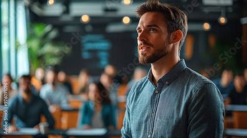 man speaking on a business training standing in office during a conference or seminar for a group of diverse people company employees sitting on chairs in meeting room.