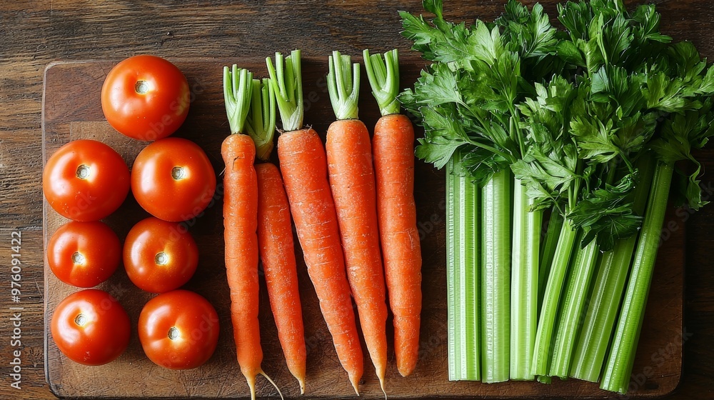 Fresh Carrots Tomatoes and Celery on Wooden Cutting Board Fresh Carrots Tomatoes and Celery on Wooden Cutting Board