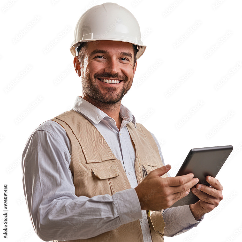 A construction manager with a digital tablet, smiling confidently as if overseeing a project. isolated on transparency background A construction manager with a digital tablet, smiling confidently as if overseeing a project. isolated on transparency background