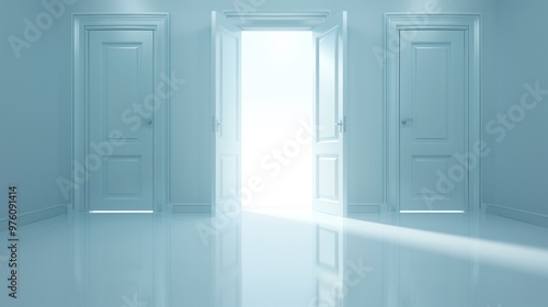 A tranquil corridor features two open doors  each leading into soft  glowing light. The glossy floor reflects the brightness  creating an ethereal and calming atmosphere