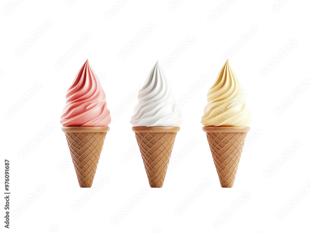 Three ice cream cones in vanilla, strawberry, and chocolate flavors, isolated on white background. PNG transparent. Three ice cream cones in vanilla, strawberry, and chocolate flavors, isolated on white background. PNG transparent.
