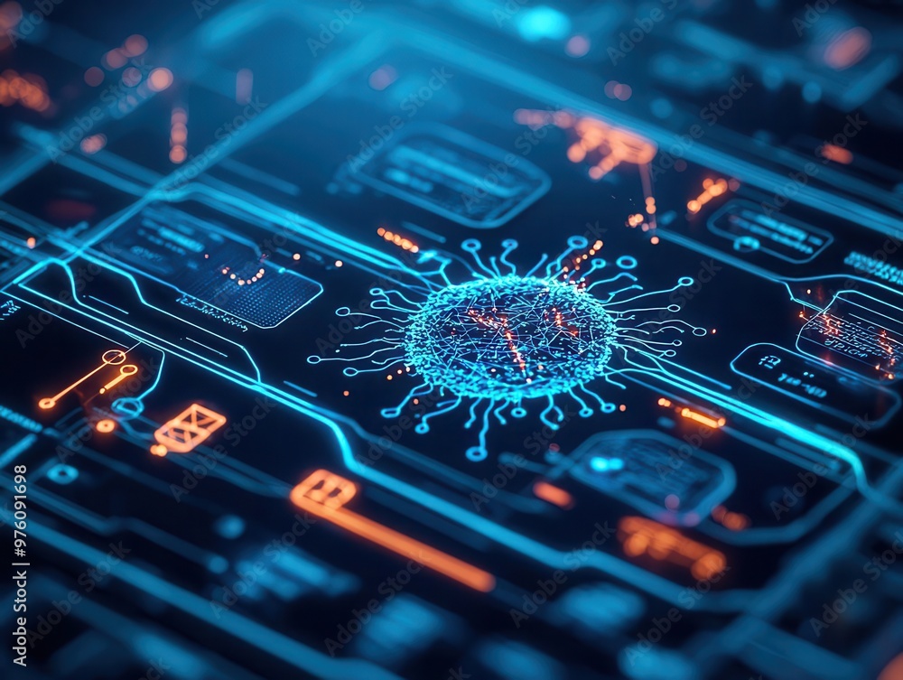 Top-down view of bacteria blueprint on a futuristic lab desk, glowing lines, bacterior blueprint, scientific research visualization Top-down view of bacteria blueprint on a futuristic lab desk, glowing lines, bacterior blueprint, scientific research visualization