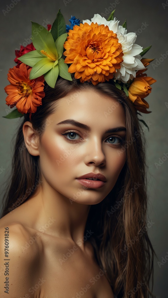 Fashion portrait of a woman with exotic flowers in her hair. Fashion portrait of a woman with exotic flowers in her hair.