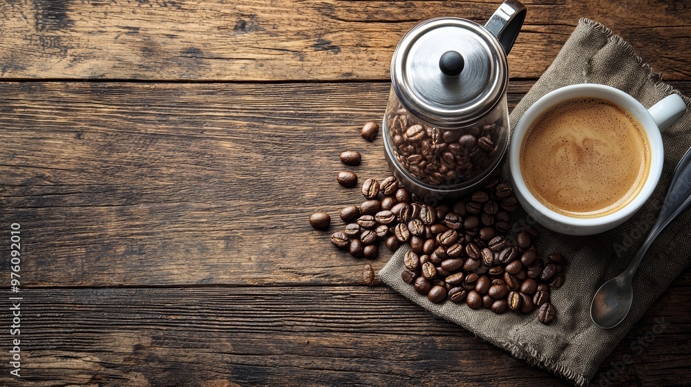 Coffee Beans Cup Espresso Wooden Table Rustic Still Life Coffee Beans Cup Espresso Wooden Table Rustic Still Life