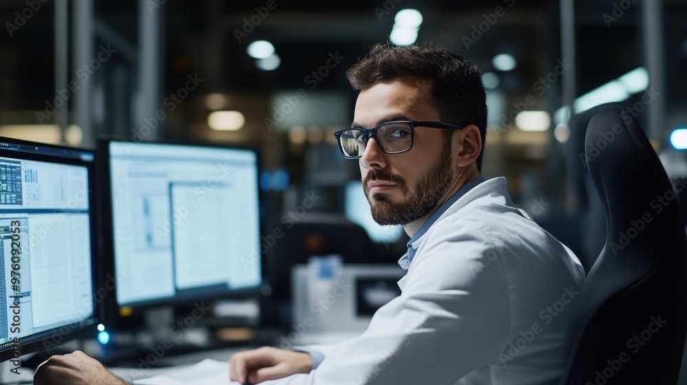 A young professional sits at a desk surrounded by multiple computer screens, intently analyzing data late at night in a contemporary office space A young professional sits at a desk surrounded by multiple computer screens, intently analyzing data late at night in a contemporary office space