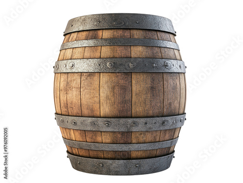 Wooden barrel with metal rings  isolated on a white background. PNG transparent.
