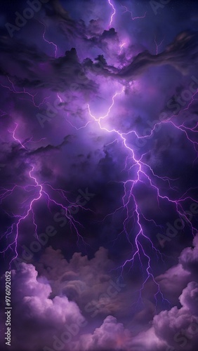 Purple background lightning on a dark stormy sky. Electric effects, thunderstorm sparking discharges.