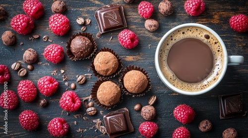 Delicious Chocolate Truffles Raspberries and Coffee on Wooden Background