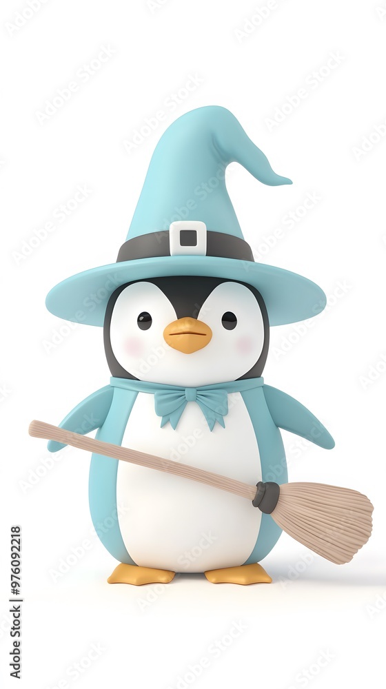 Cute Penguin Witch Holding Broom D Render Cute Penguin Witch Holding Broom D Render