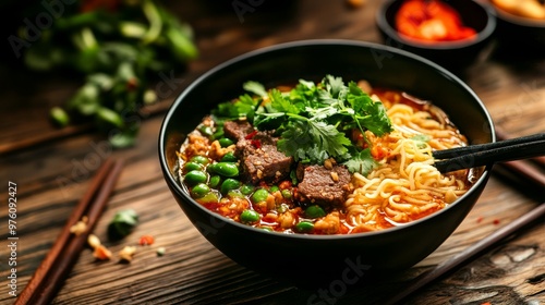 Boat Noodles: A Flavorful Thai Street Food Staple, a hearty and savory noodle soup with beef, pea pods, and cilantro served in a small bowl.