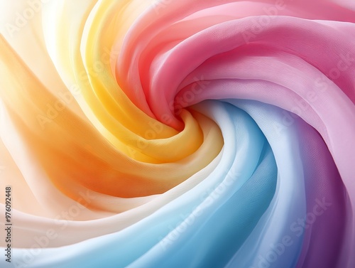 This image showcases a beautiful swirl of soft and colorful pastel fabrics, featuring gradients of pink, yellow, blue, and orange, evoking a sense of softness and tranquility. photo