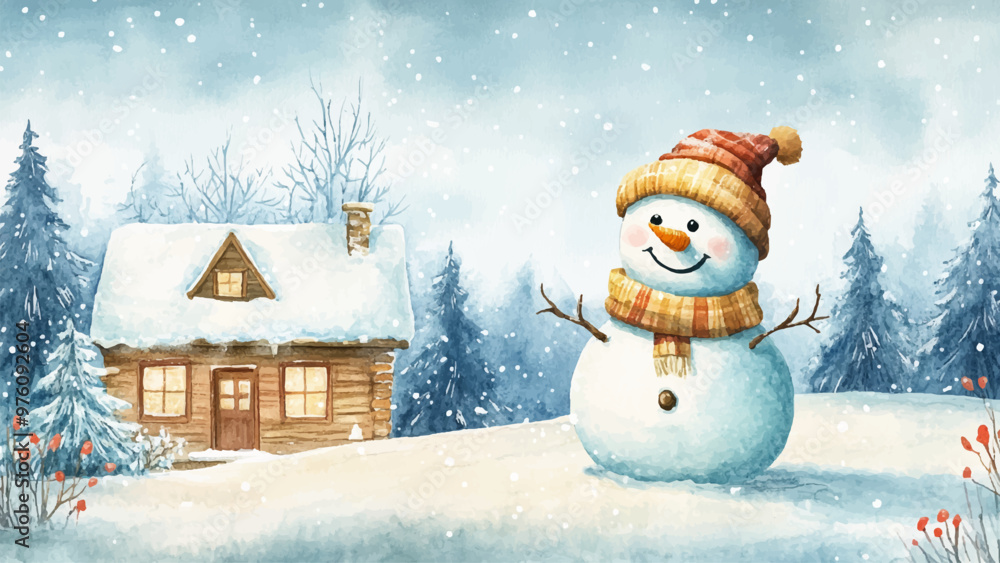 Φωτογραφία Cheerful Snowman In Scarf And Hat On Lawn Of Cottage Watercolor Illustration For