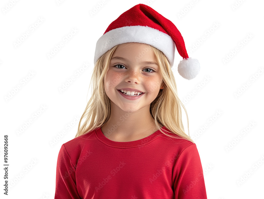 Smiling girl wearing a red Santa hat and shirt, isolated on white background. PNG transparent. Smiling girl wearing a red Santa hat and shirt, isolated on white background. PNG transparent.