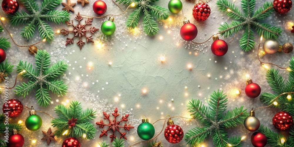 Festive Christmas background with snowflakes, red and green decorations, and twinkling lights Festive Christmas background with snowflakes, red and green decorations, and twinkling lights