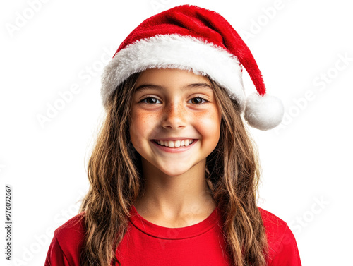 Smiling girl wearing a red Santa hat and shirt, isolated on white background. PNG transparent.