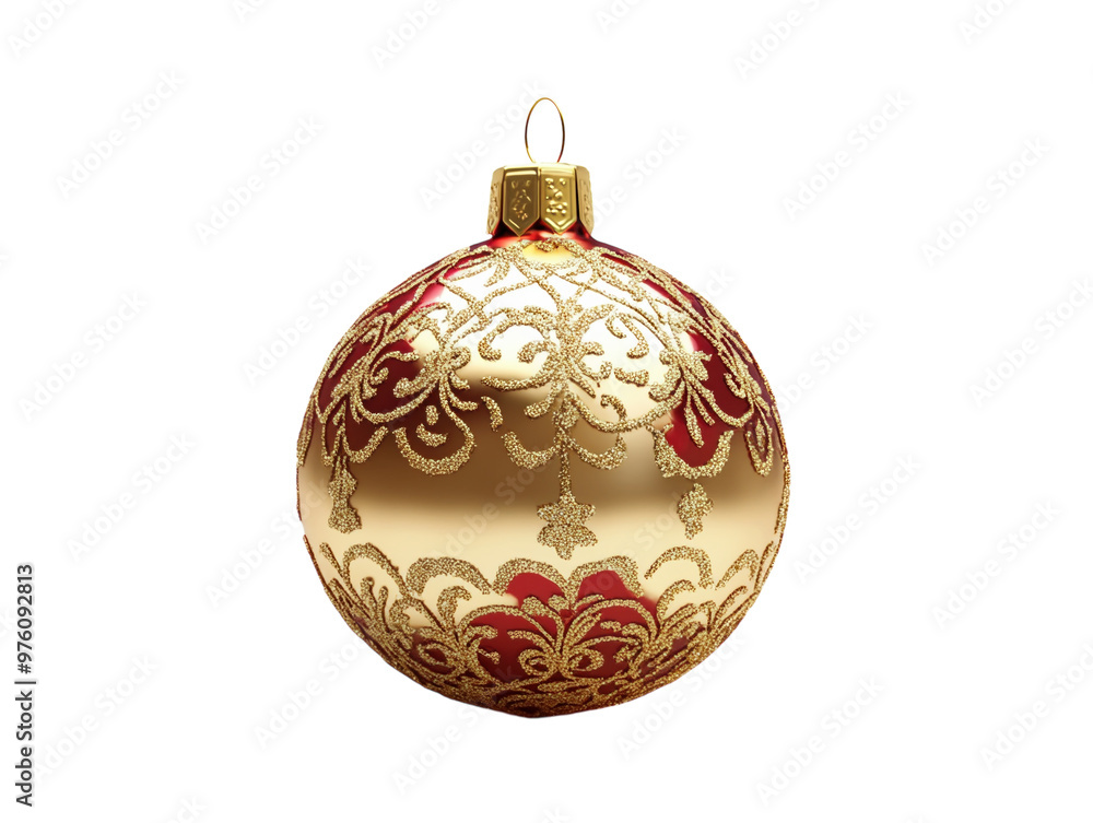 Elegant gold Christmas ornament with intricate red and gold decorative details, isolated on white background. PNG transparent. Elegant gold Christmas ornament with intricate red and gold decorative details, isolated on white background. PNG transparent.