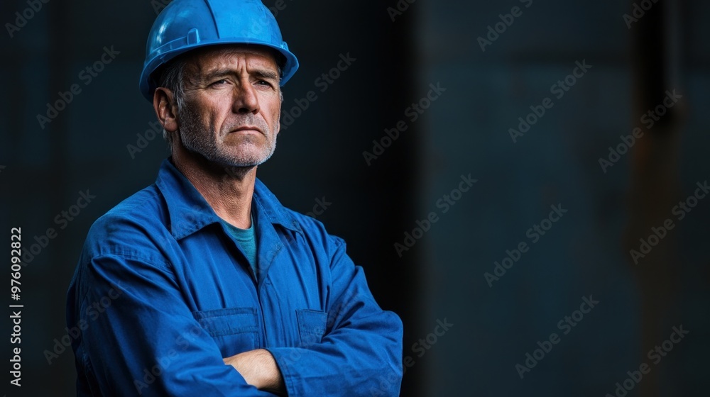 A skilled worker with a hard hat stands confidently, arms crossed, wearing blue coveralls at a construction site that showcases industrial elements in the background during daylight A skilled worker with a hard hat stands confidently, arms crossed, wearing blue coveralls at a construction site that showcases industrial elements in the background during daylight