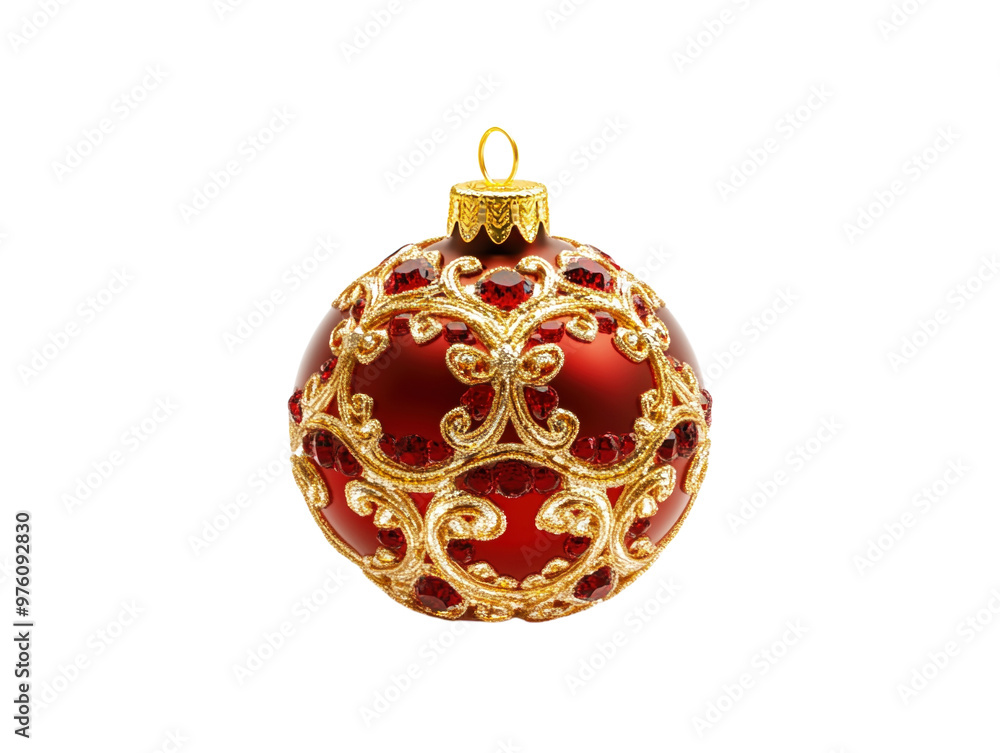 Elegant gold Christmas ornament with intricate red and gold decorative details, isolated on white background. PNG transparent. Elegant gold Christmas ornament with intricate red and gold decorative details, isolated on white background. PNG transparent.