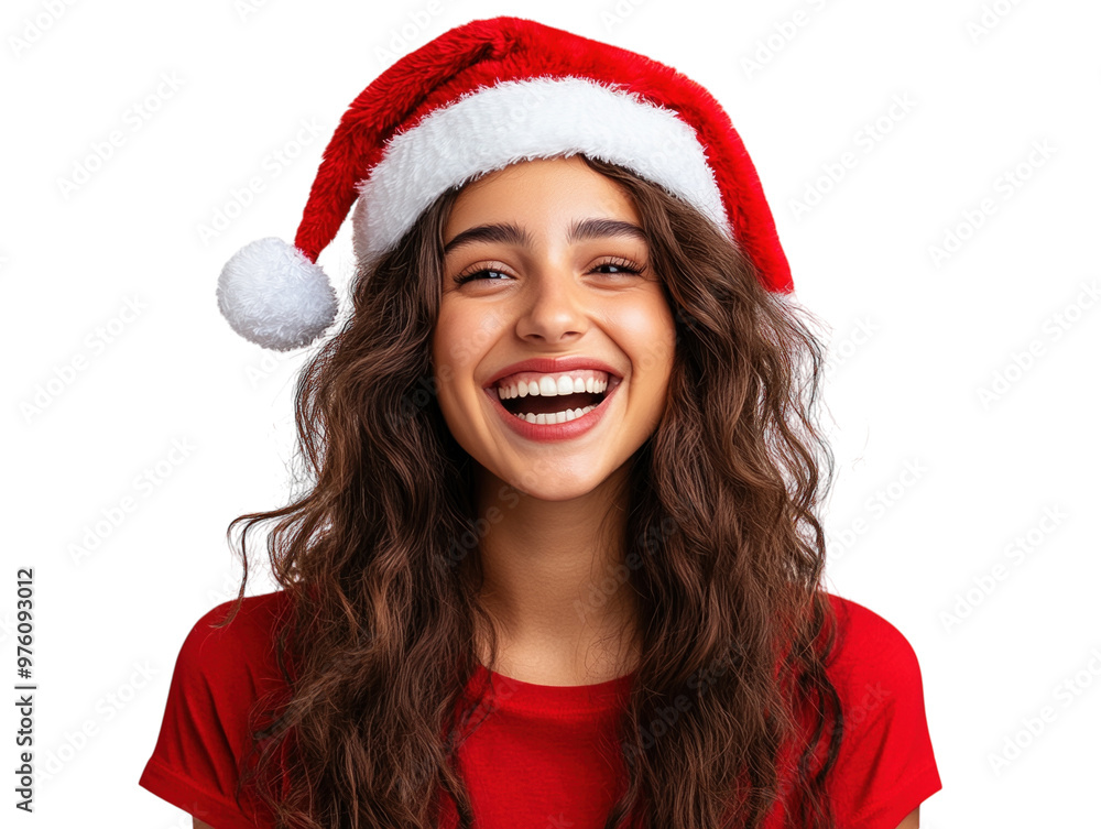 Happy woman in red Santa hat and shirt celebrating, isolated on white background. PNG transparent. Happy woman in red Santa hat and shirt celebrating, isolated on white background. PNG transparent.