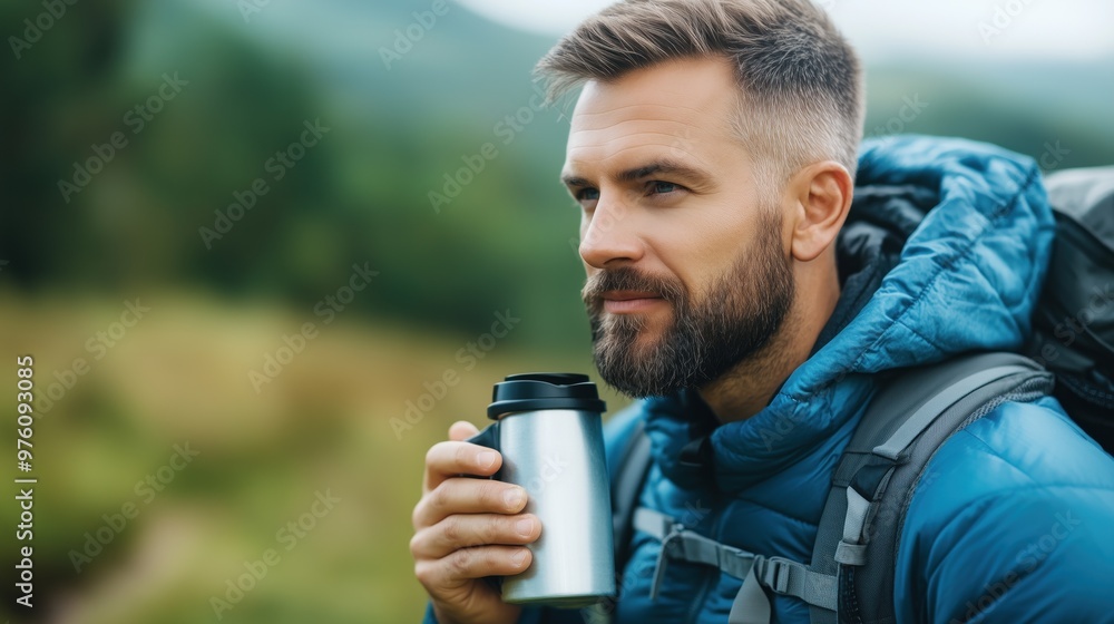 A backpacker relaxes in the mountains, sipping a warm beverage while surrounded by stunning green landscapes under a clear blue sky during the morning hours A backpacker relaxes in the mountains, sipping a warm beverage while surrounded by stunning green landscapes under a clear blue sky during the morning hours