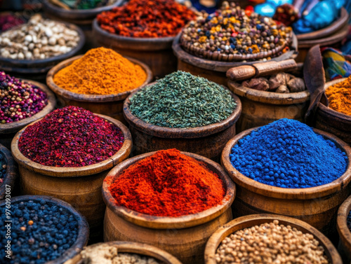 A vibrant marketplace in Morocco filled with colorful fabrics and spices