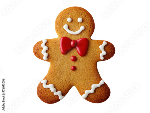 Gingerbread man cookie with icing details and red bow, isolated on a white background. PNG transparent.