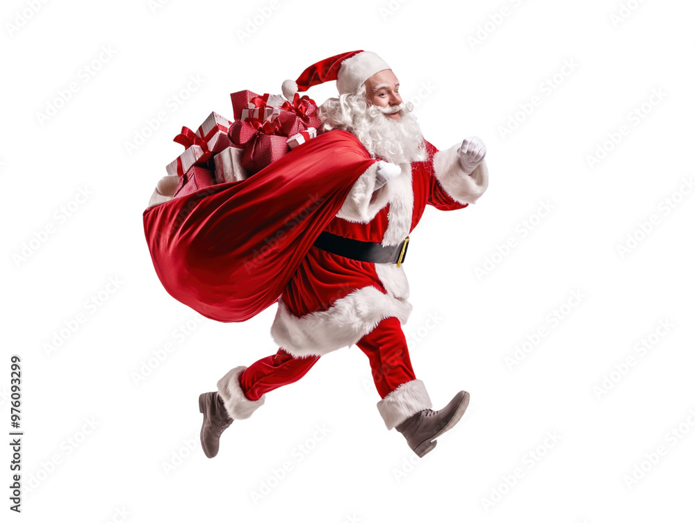 Santa Claus running while pulling a large red sack filled with presents, dynamic and festive scene on a white background. PNG transparent. Santa Claus running while pulling a large red sack filled with presents, dynamic and festive scene on a white background. PNG transparent.