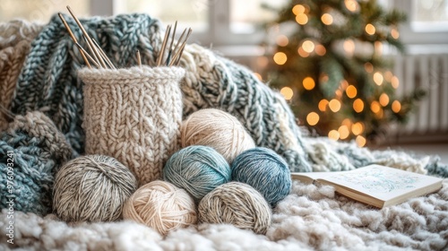 Cozy Winter Knitting Supplies on a White Blanket photo