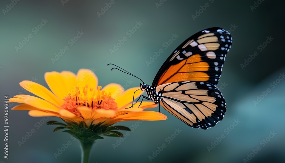 Obraz premium A vibrant butterfly rests delicately on a blooming flower, showcasing nature's beauty and harmony in a colorful scene.
