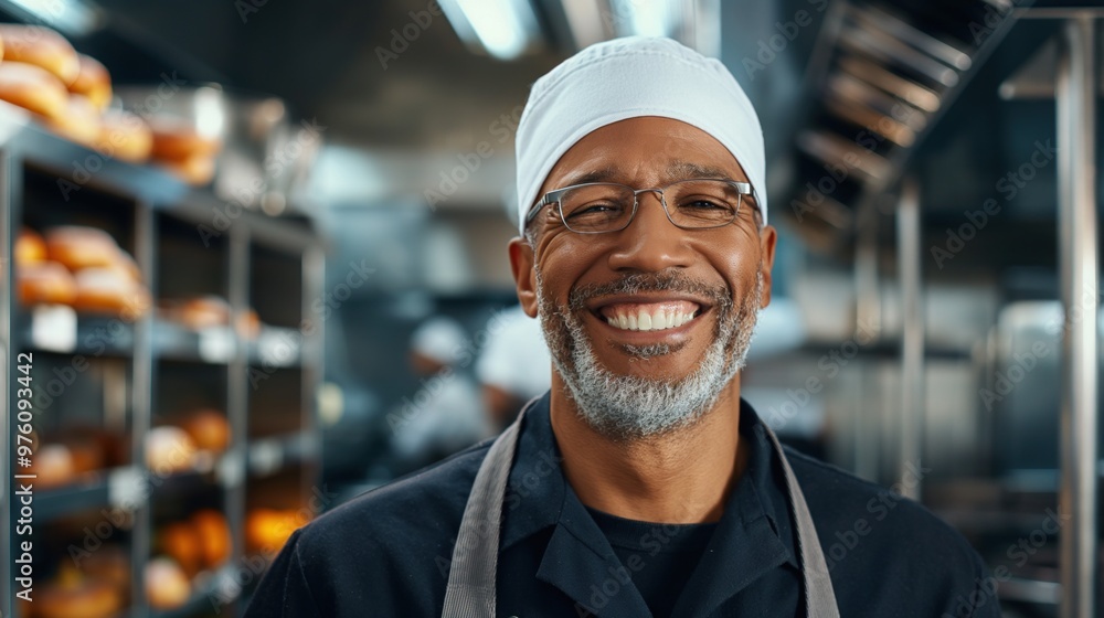 A cheerful chef stands proudly in a busy kitchen, surrounded by freshly baked bread. His smile reflects the lively atmosphere and teamwork among the cooks working diligently behind him A cheerful chef stands proudly in a busy kitchen, surrounded by freshly baked bread. His smile reflects the lively atmosphere and teamwork among the cooks working diligently behind him