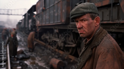 In the early morning mist, a worn man stands beside rusted trains in a desolate railway yard, exuding a sense of hardship and solitude amid a ghostly environment