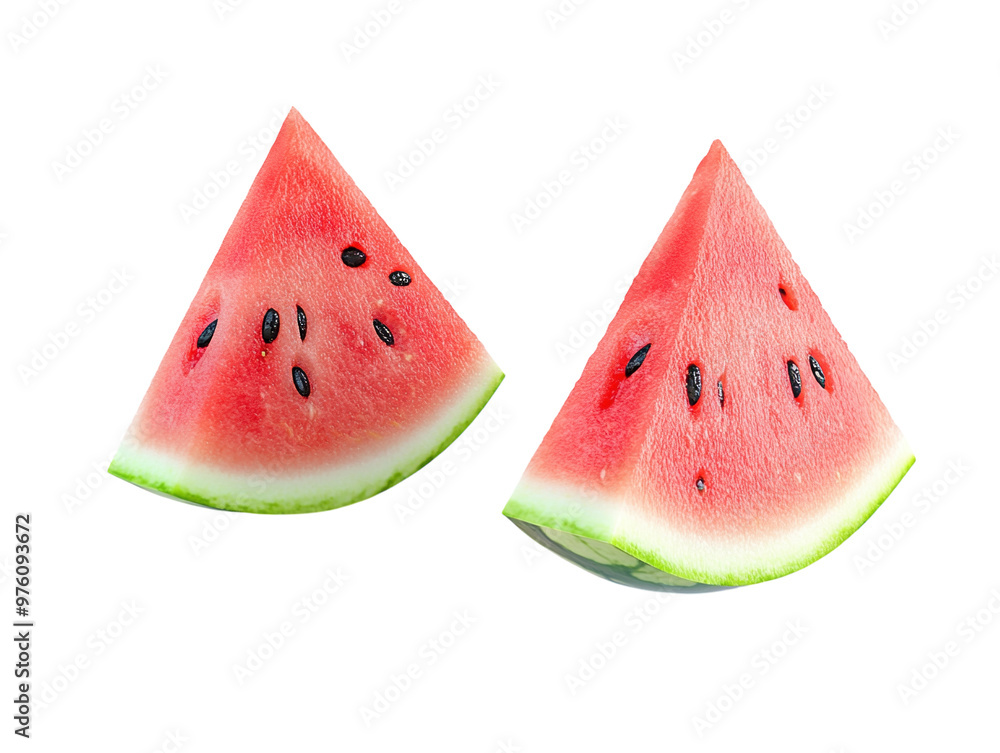 Two triangular slices of ripe watermelon with seeds, isolated on a white background.  PNG transparent.