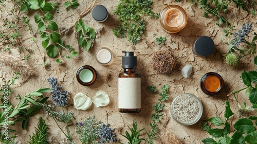 Natural Skincare Products with Herbs and Flowers on Rustic Background