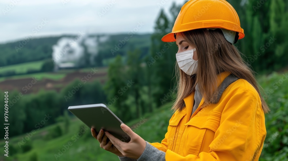 A young engineer wearing a hard hat and safety mask examines a tablet while standing on a hillside, with an industrial facility visible in the distance against a cloudy sky A young engineer wearing a hard hat and safety mask examines a tablet while standing on a hillside, with an industrial facility visible in the distance against a cloudy sky