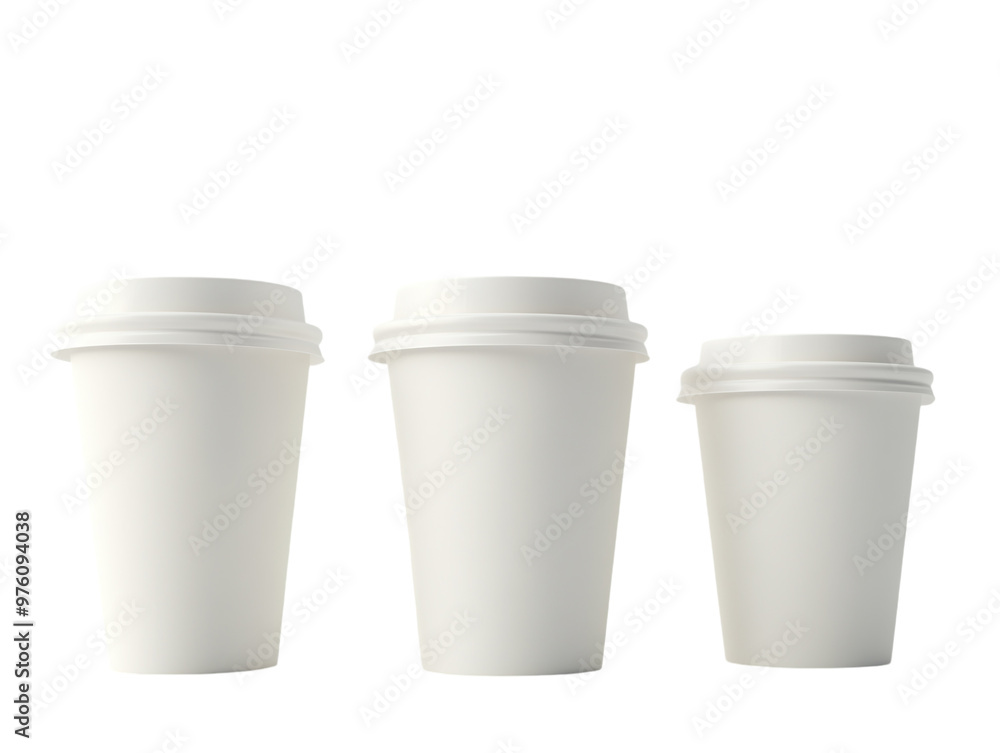 Set of three blank takeout coffee cups in different sizes, isolated on white. PNG transparent. Set of three blank takeout coffee cups in different sizes, isolated on white. PNG transparent.