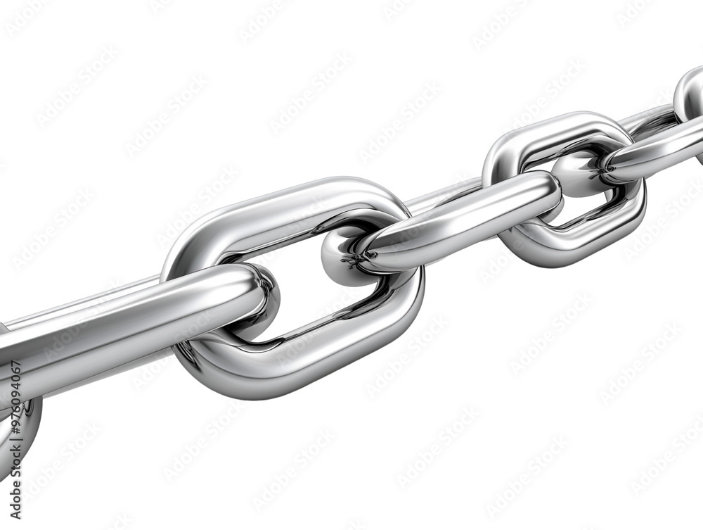 Fototapeta premium Steel chain with interlocking metal links, horizontally aligned on white. PNG transparent.
