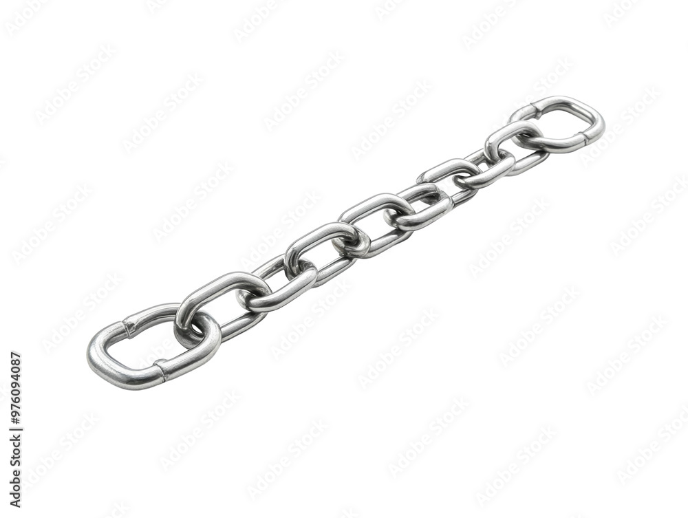 Fototapeta premium Steel chain with interlocking metal links, horizontally aligned on white. PNG transparent.